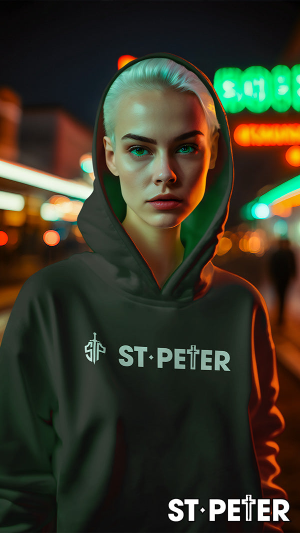 Black St Peter text hoodie with kangaroo pocket fleece 340gsm