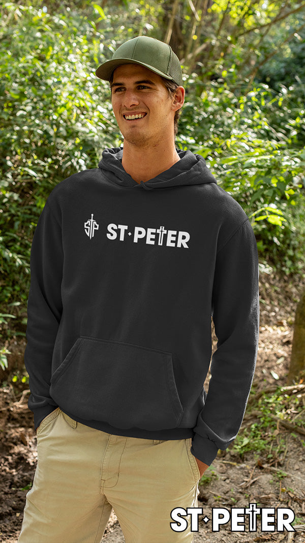 St Peter Text Hoodie with Black St on kangaroo pocket fleece 340gsm