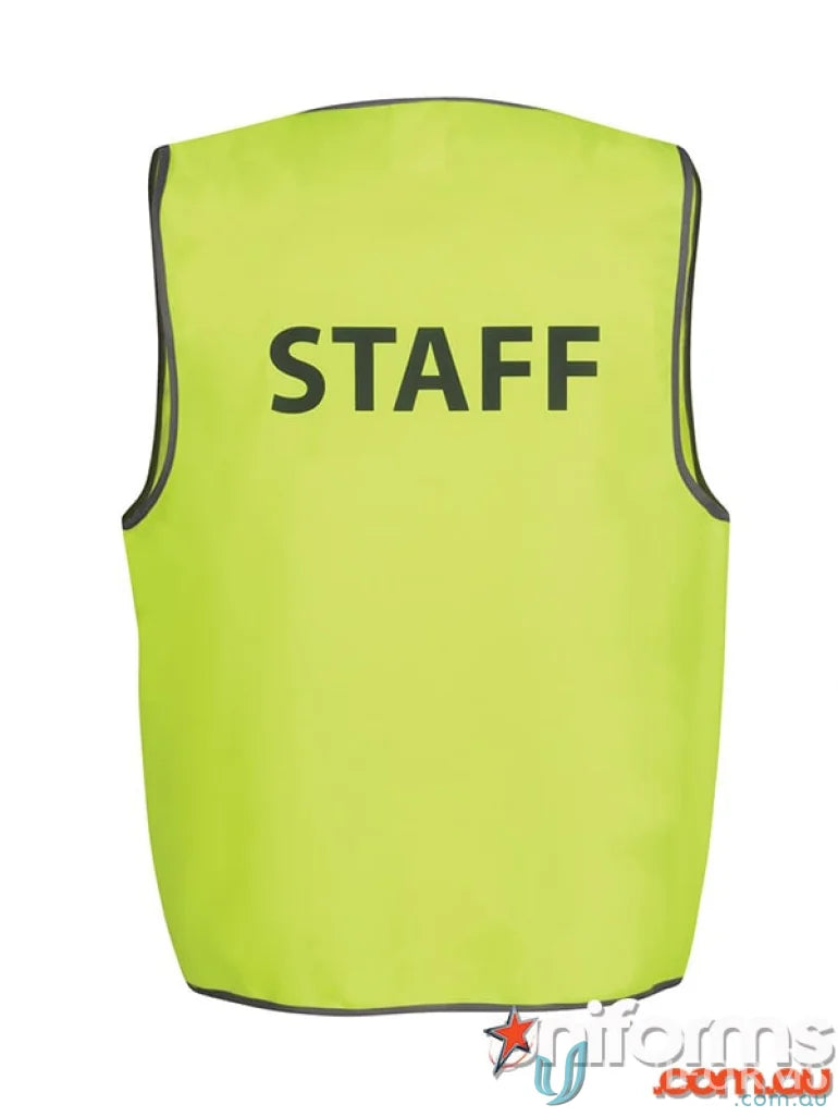 Yellow staff printed safety vest meeting Australian standards, extra large size option available
