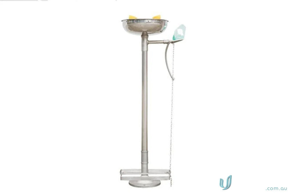 Stainless steel eye wash station with bowl, perfect for uniforms and safety cleanup