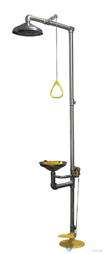 Stainless steel safety shower and eyewash station with flow control for emergency aid