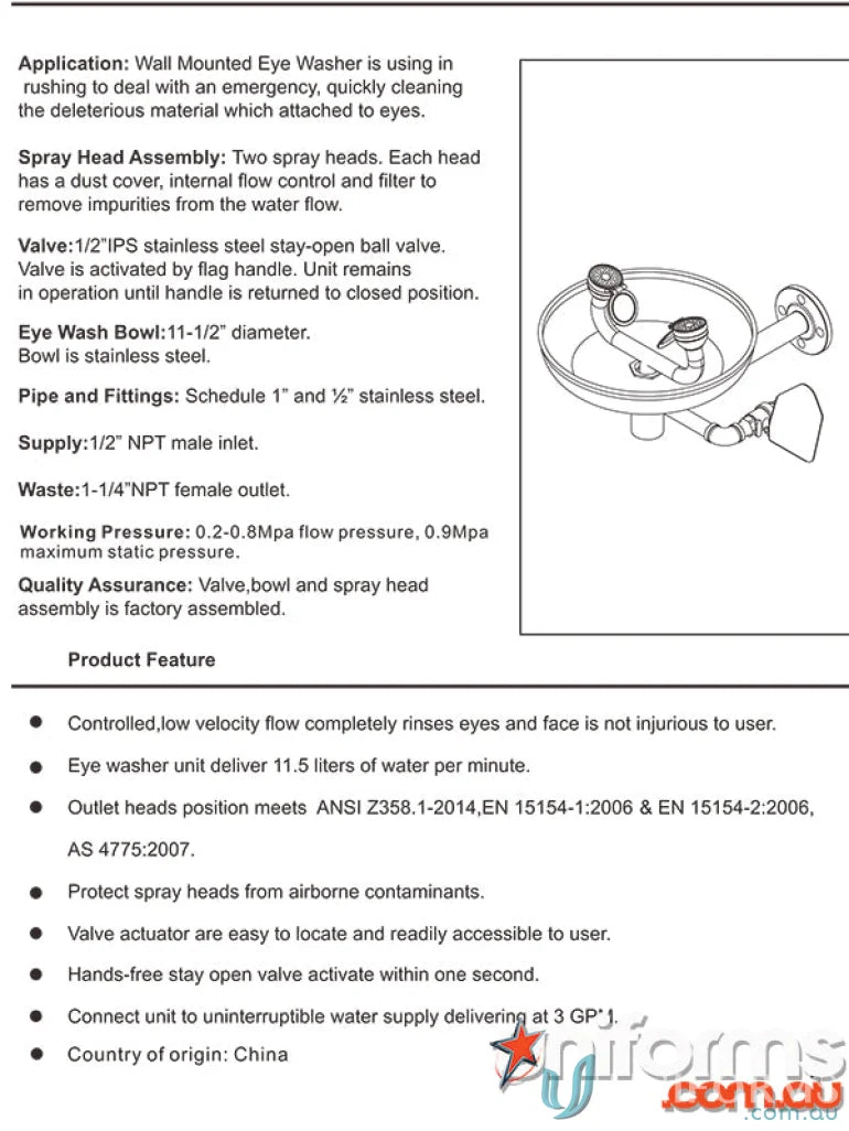Stainless steel wall mounted eye wash unit for safety in uniforms and workplaces
