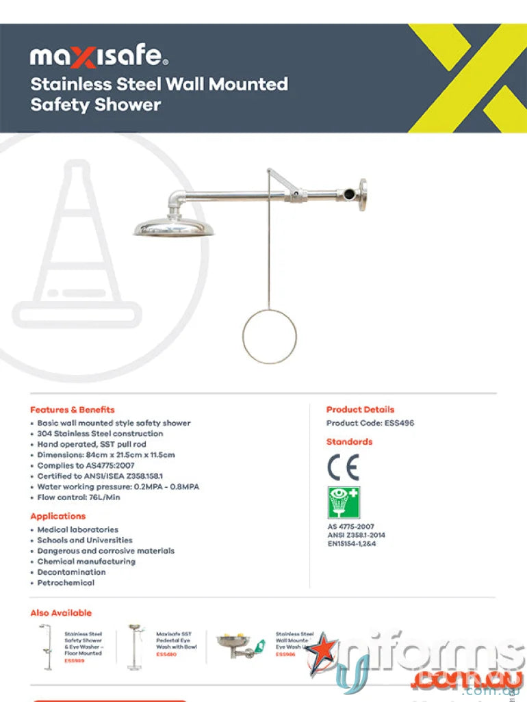 Stainless steel wall mounted safety shower for easy access and durability