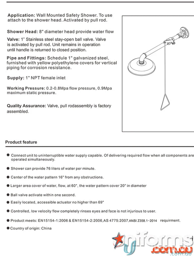 Stainless steel wall mounted safety shower with pull rod for emergency use