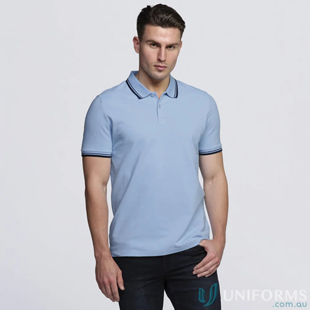 Light blue Stanton Polo made from cotton pique with tipped flat knit detailing