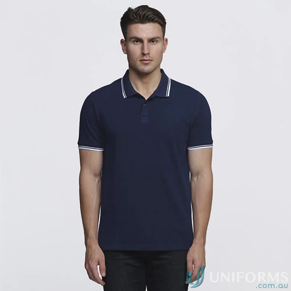 Navy Stanton Polo shirt with white tipped flat knit cotton pique fabric for a classic look