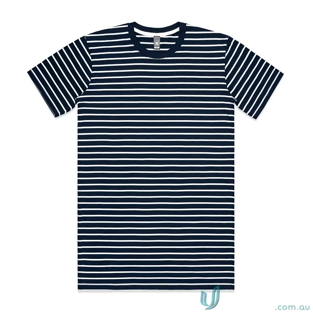Navy blue and white striped short-sleeve Staple Stripe Tee for casual style