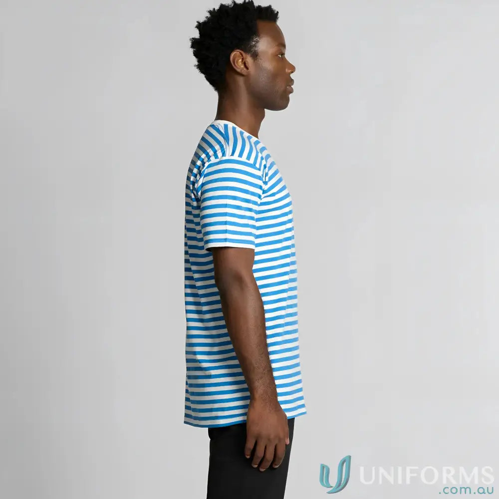 Men’s staple stripe tee with blue and white short sleeves for a casual look