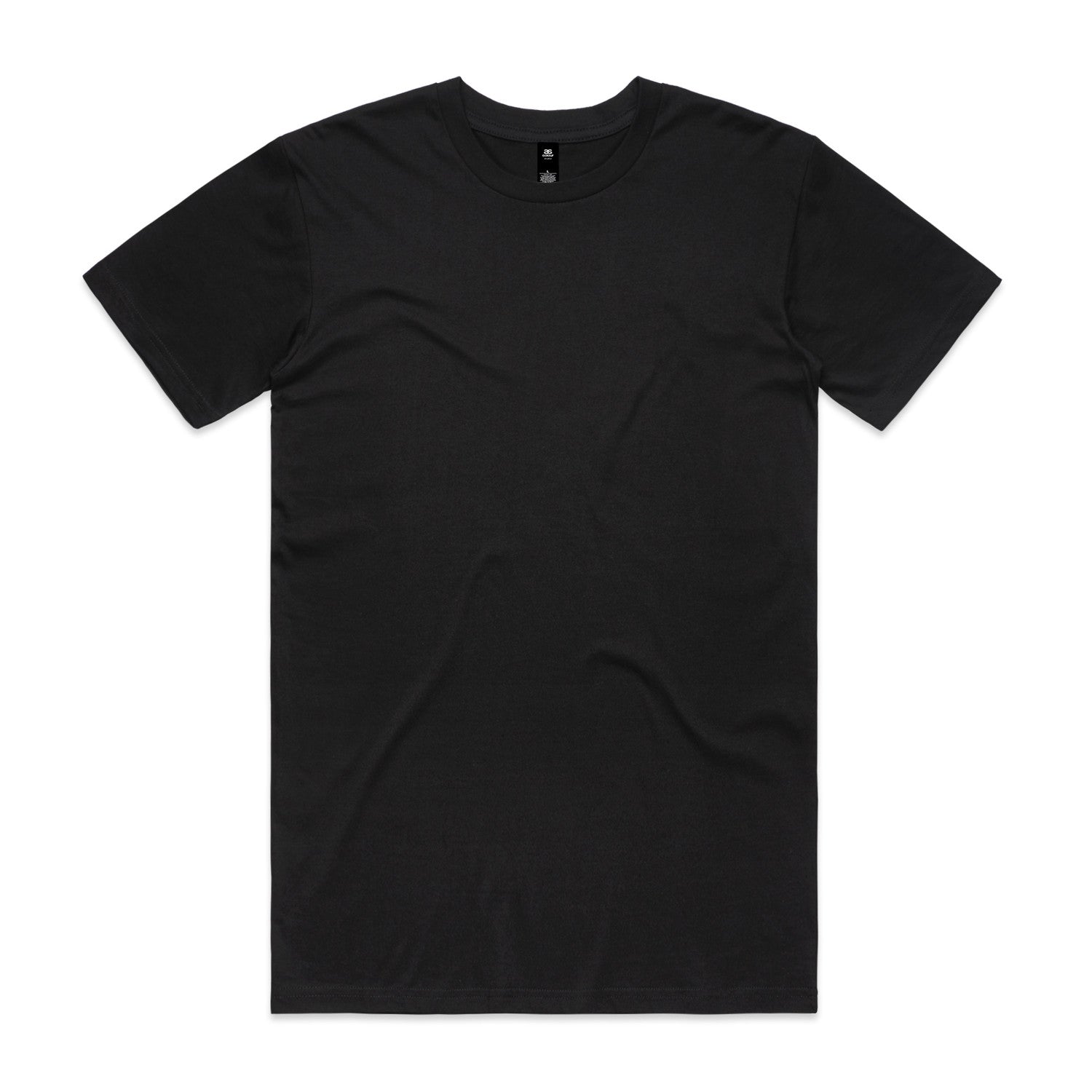 Black crew neck t-shirt with short sleeves and a small button at the neckline.