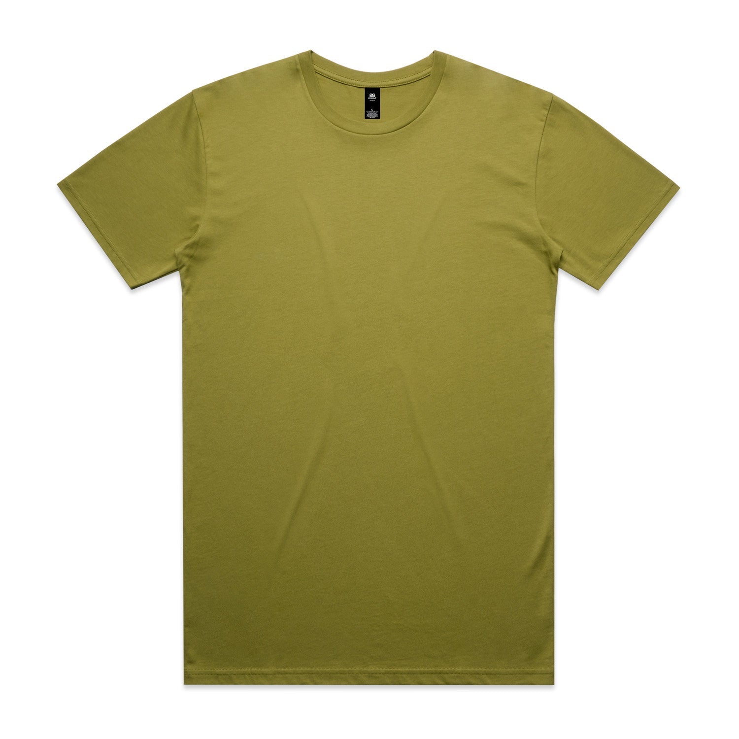 Olive green crew neck t-shirt with short sleeves and a small logo on the chest.