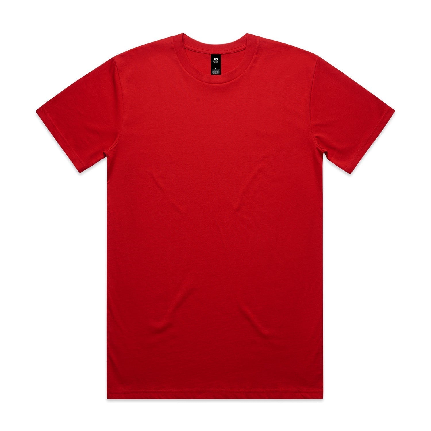 Red crew neck t-shirt with short sleeves and a small logo on the chest.