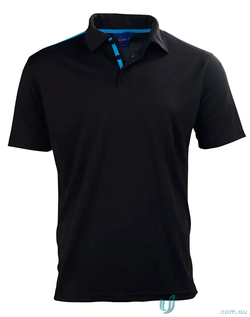 Black Staten Rapid Cool Contrast Polo with blue trim, perfect for the ps83 Staten polo lineup