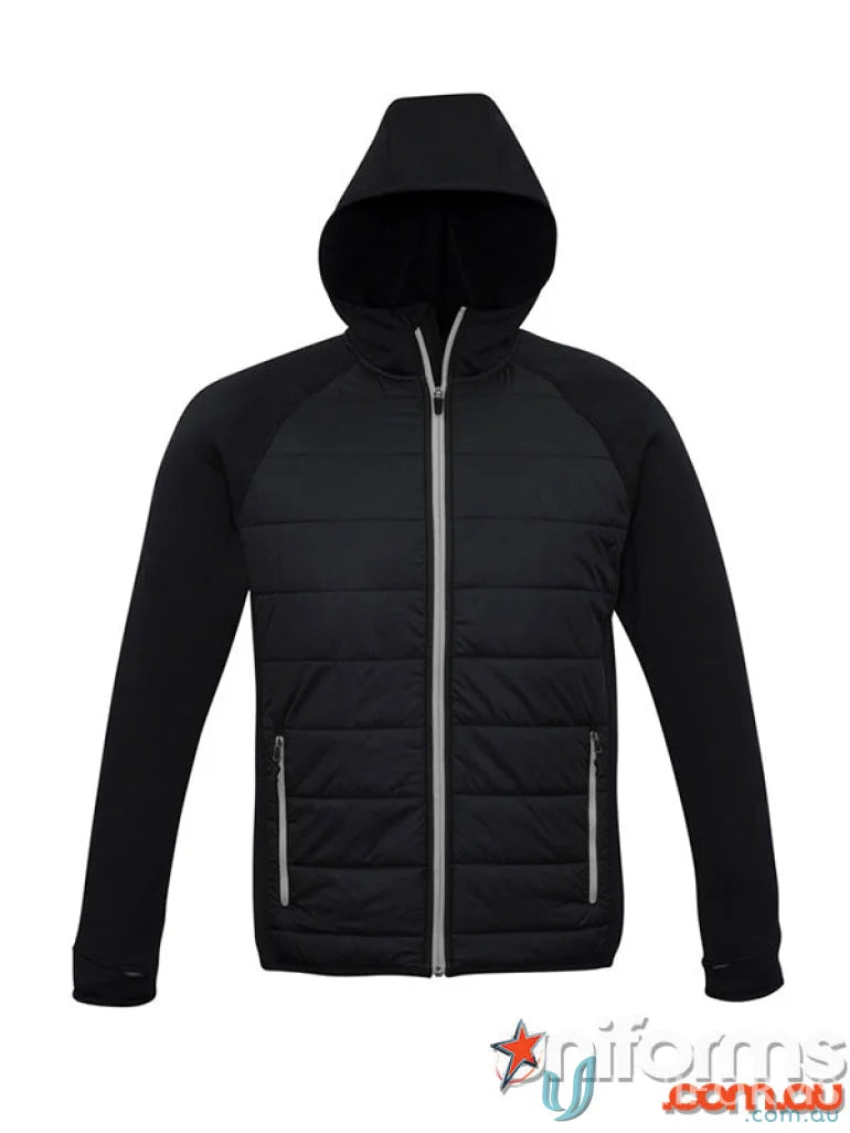Black hooded puffer jacket from Men’s Stealth collection with thumb loops in Stealth Hoodie