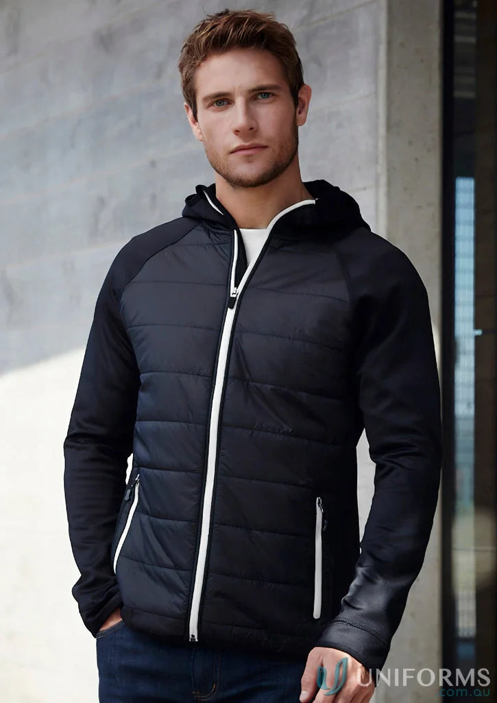 Black hooded puffer jacket from Men’s Stealth collection with thumb loops in the Stealth Hoodie