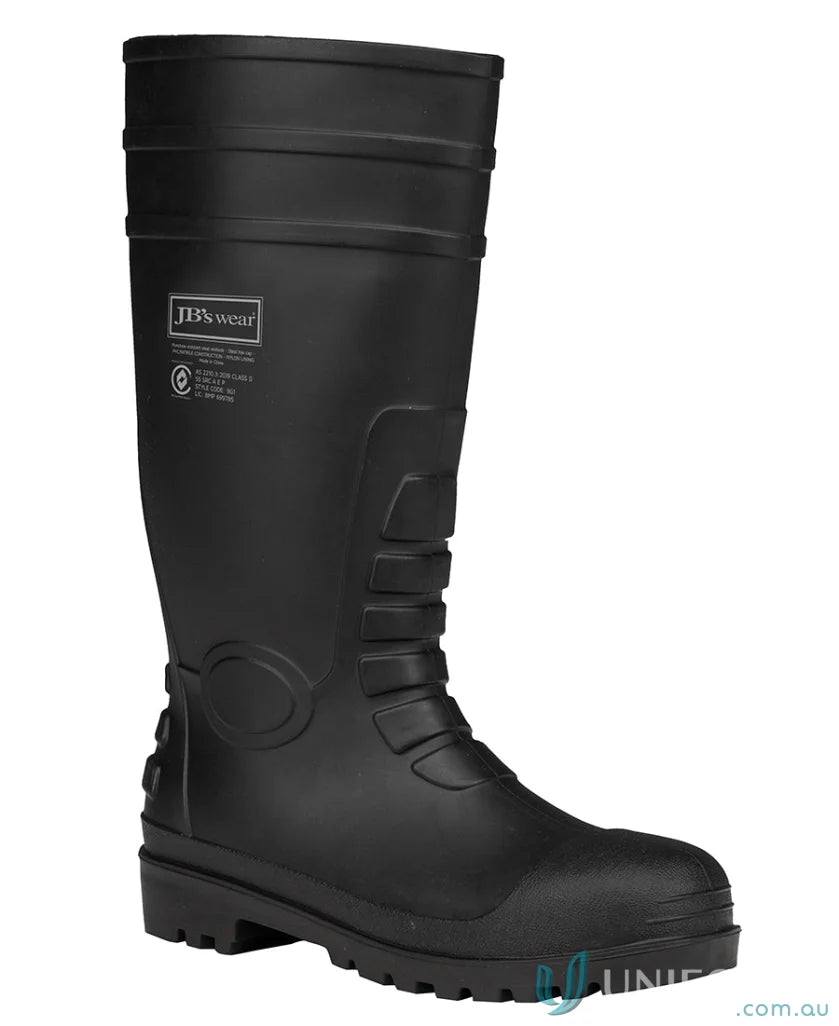 Black rubber work boot with steel toe cap and food grade safety gumboot features