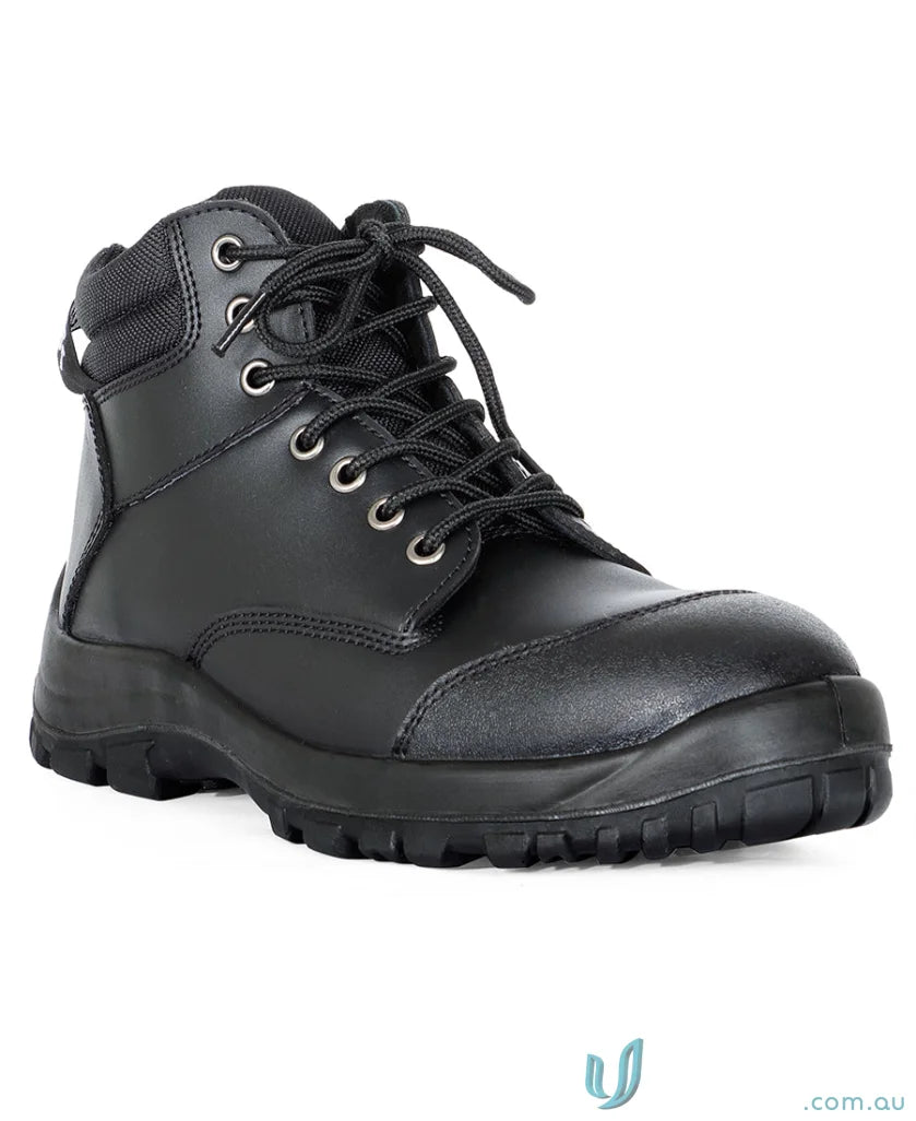 Black leather work boot with tough sole and reinforced toe from Steeler Zip Lace Up Safety Boot perfect for work uniforms