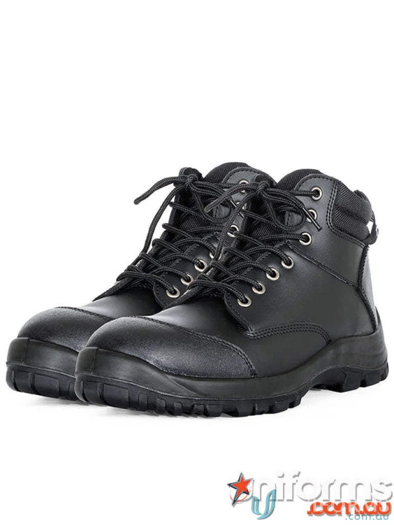 Black leather work boots with tough sole and toe for professional uniforms