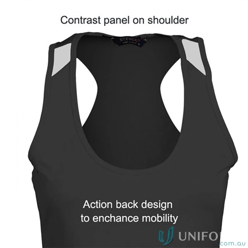 Black racerback sports bra from Stencil Ladies Team Singlet, perfect for team uniforms
