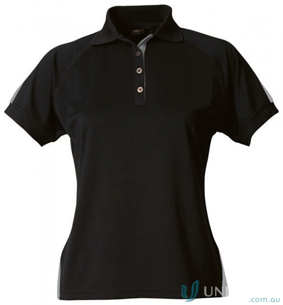 Black women’s polo shirt from Stencil Ladies Team SS Polo, great for workwear and uniforms