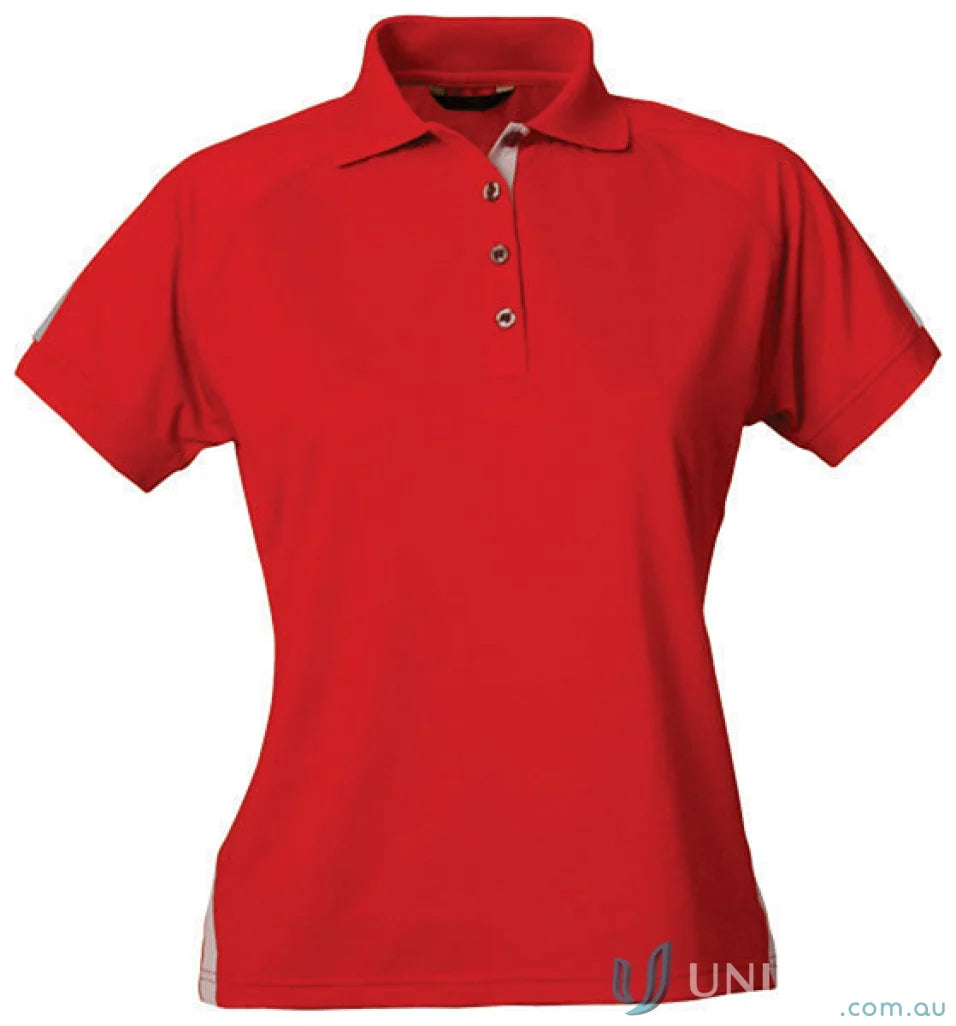 Red women’s polo shirt from Stencil Ladies Team SS Polo, perfect for cool dry uniforms and workwear