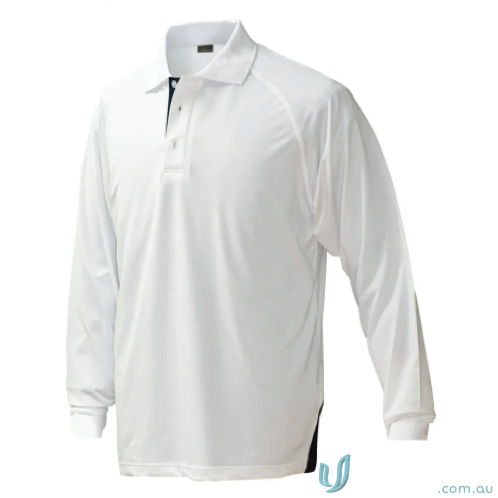 White long sleeve Stencil Team LS Polo with black inner placket and side vents