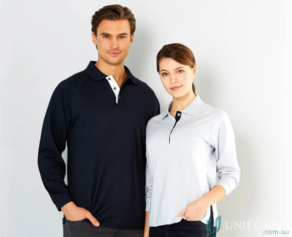 Two people wearing stylish Stencil Team LS Polo long sleeve shirts for a casual look