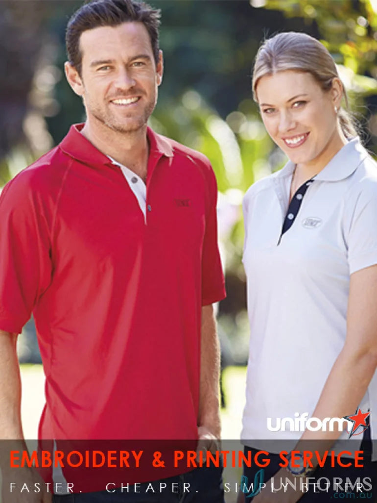 Stencil Team SS Polo ad showcasing cool dry uniforms and workwear style
