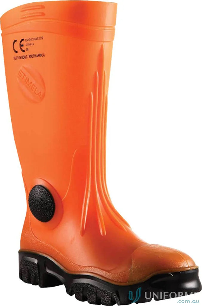 Orange rubber work boot with black sole, perfect for workwear and ankle support