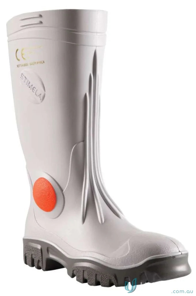 Gray rubber work boot with orange accent from Stimela Executive workwear for sturdy ankle support