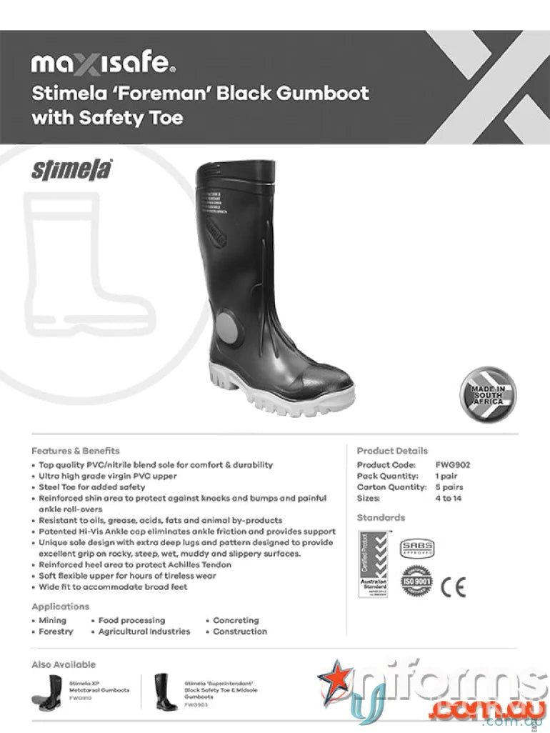 Black safety toe gumboot from Stimela Foreman workwear with ankle protection