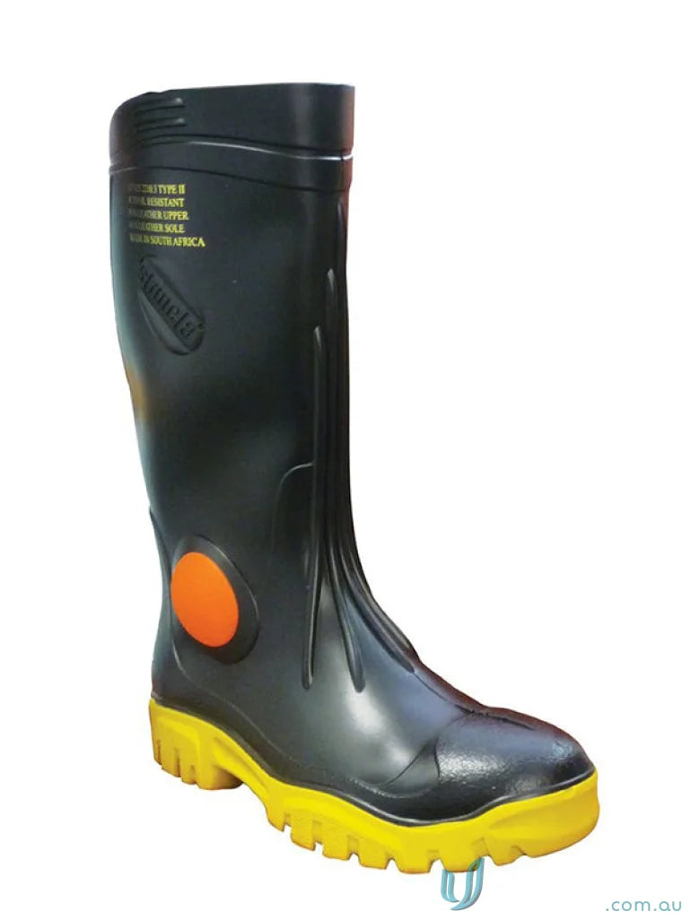 Black rubber ankle workwear boot with yellow sole for uniforms and safety use