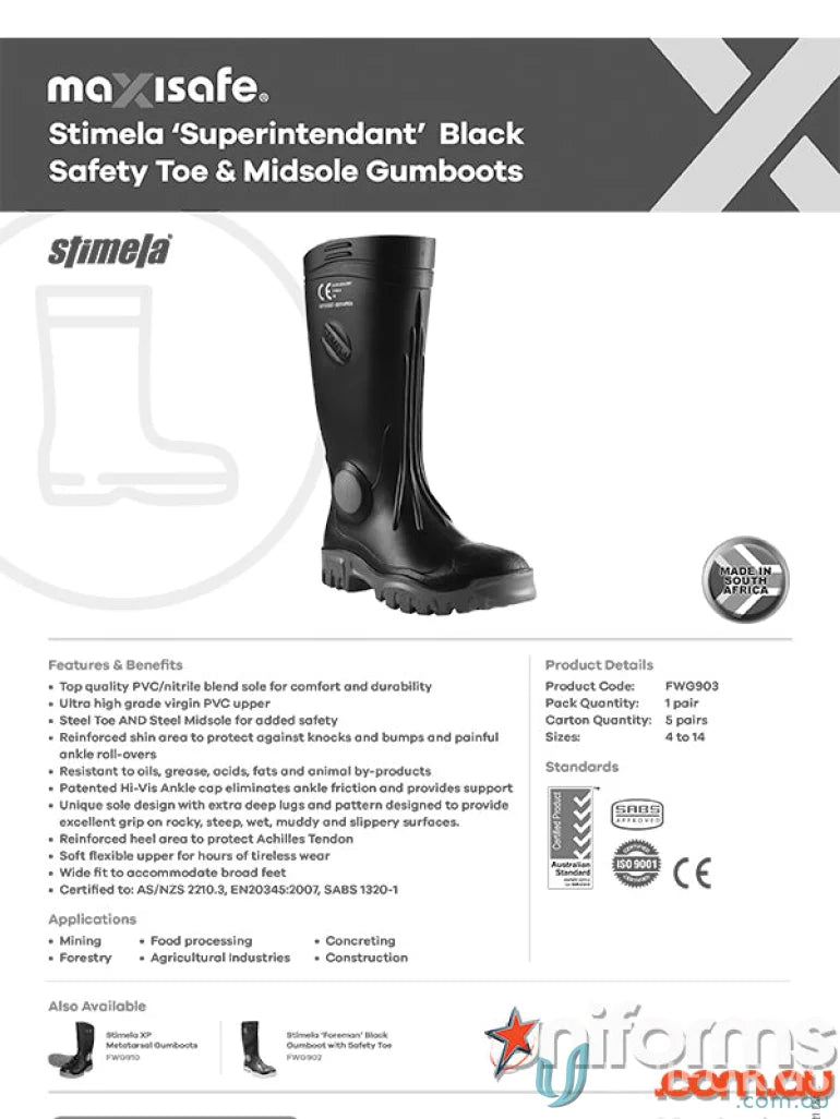 Black safety gumboot with ankle support for uniforms and workwear from Stimela Superintendant