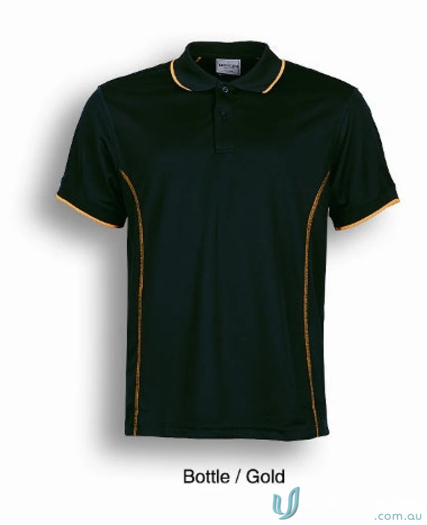 Stitch Polo shirt with black fabric and gold trim, perfect for stylish uniforms