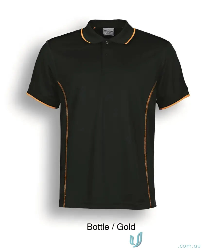 Black polo shirt with gold trim from Stitch Polo uniforms, sporty and stylish look