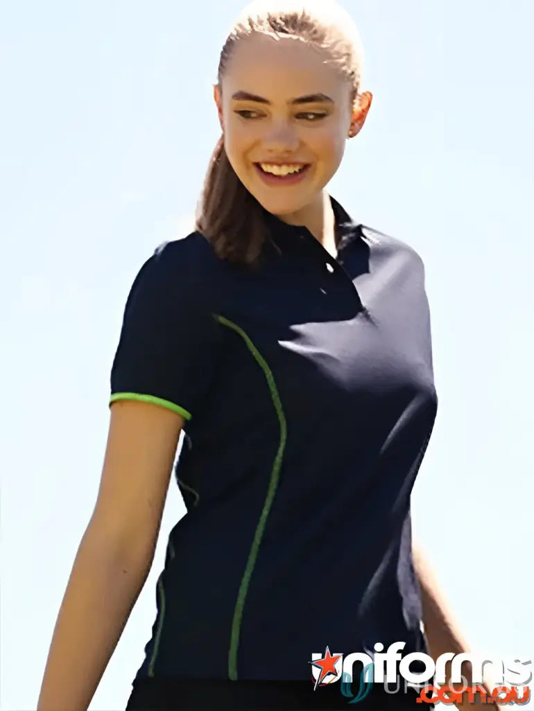 Stitch Polo shirt with navy color and lime green trim, perfect for uniforms