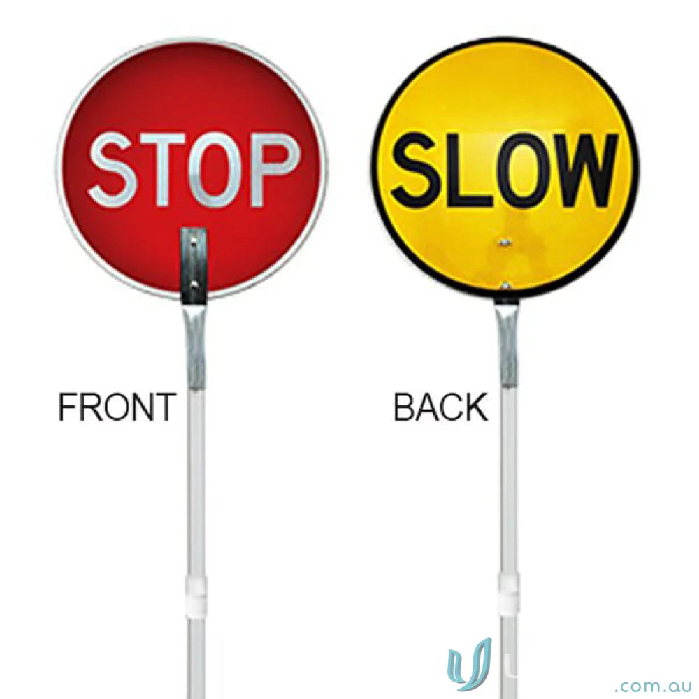 Stop and slow sign on a pole with an extendable aluminium handle for easy use