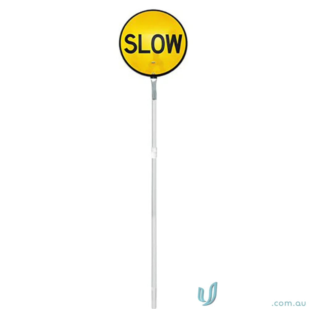 Yellow slow sign on pole with extendable aluminium handle for easy setup