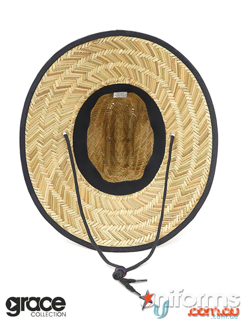 Straw Hat with black trim and chin strap perfect for uniforms, minimum order available