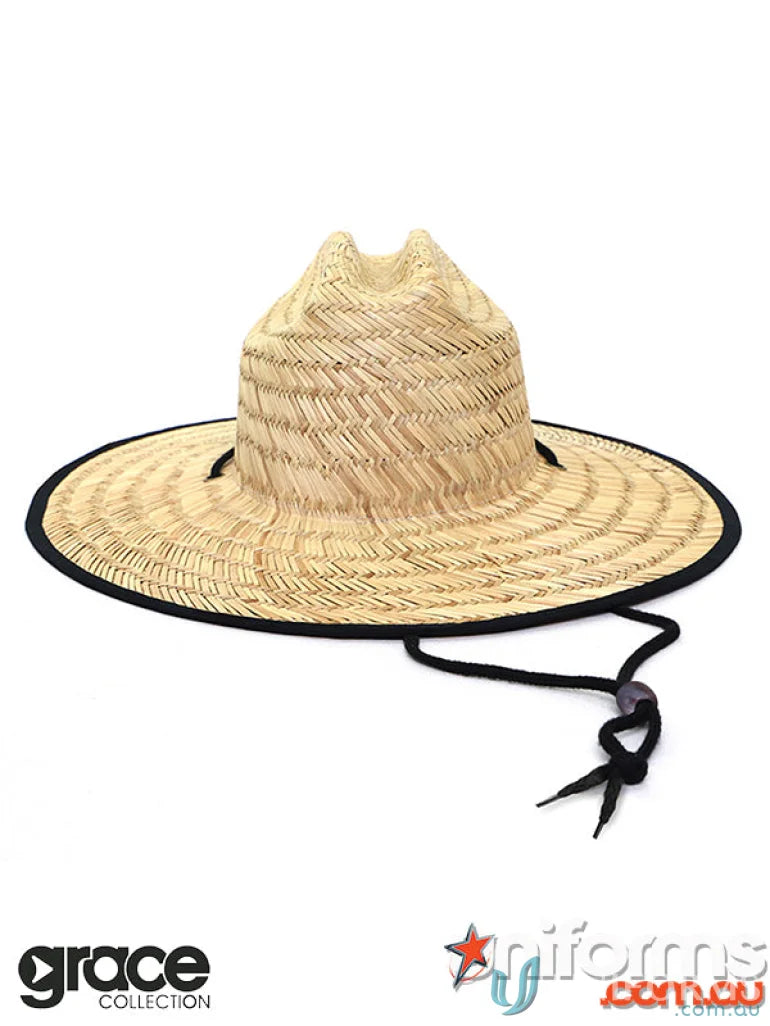 Straw Hat with black trim and chin strap, perfect for uniforms or minimum order deals