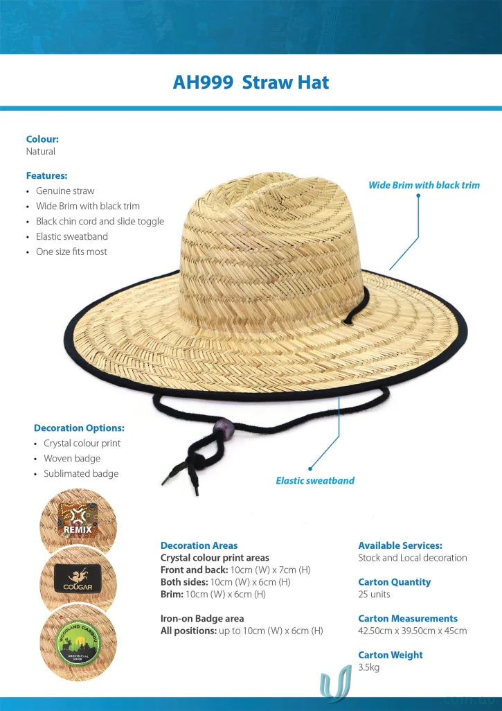 Natural straw hat with black trim ideal for uniforms, no minimum order required
