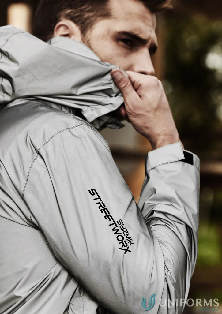 Silver hooded streetworx reflective waterproof jacket from Syzmik Unisex Streetworx ZJ380