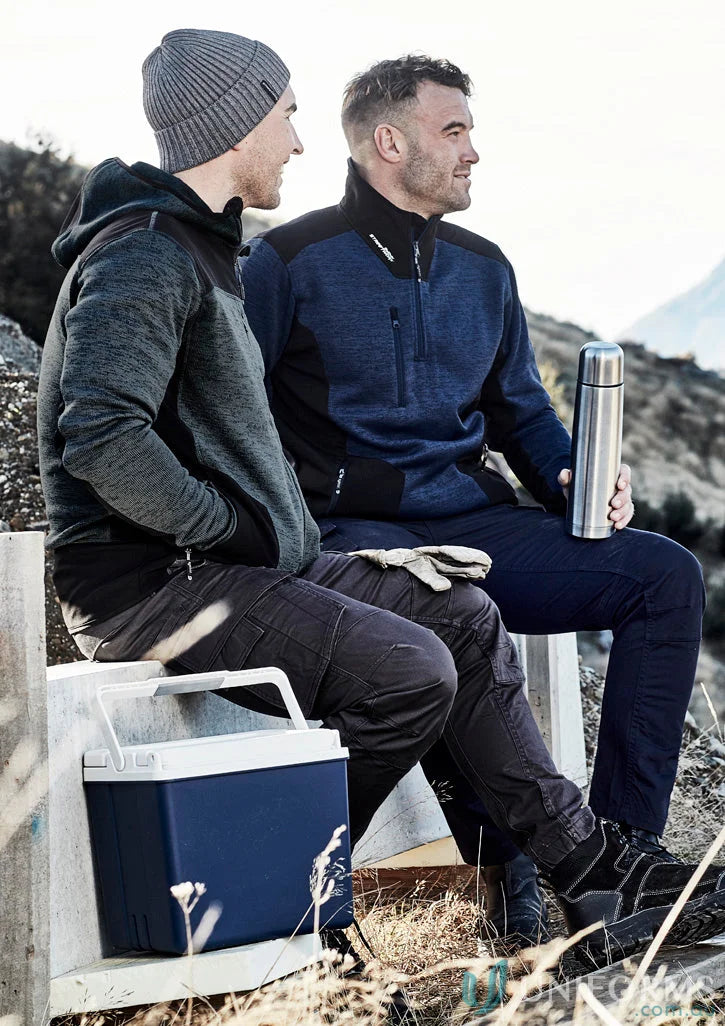 Two men sitting outdoors wearing Syzmik Streetworx Reinforced Marle Knitted Fleece Zip Pullover ZT380