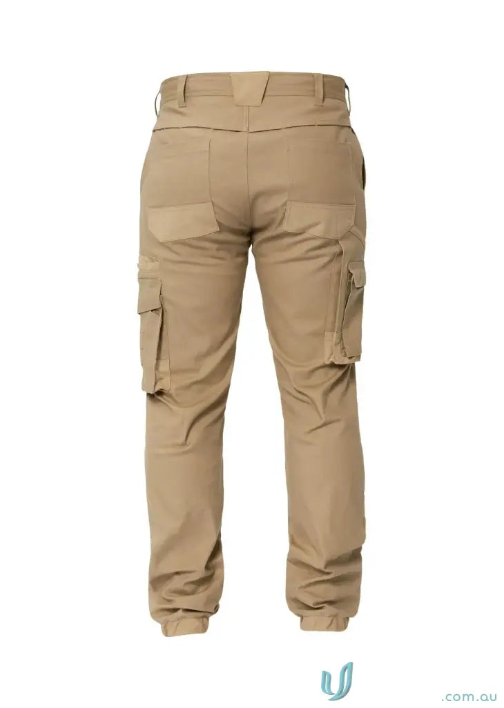 Men’s tan stretch cargo pants with multiple pockets and elasticized cuffs for work and casual wear