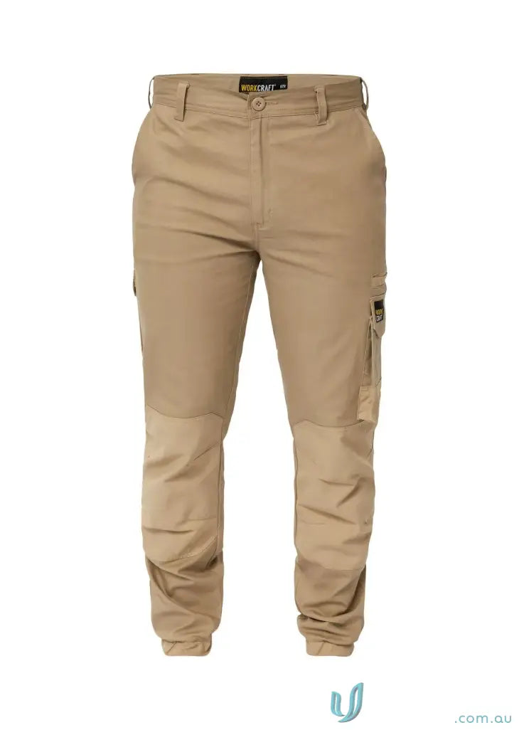 Men’s tan stretch cargo pants with reinforced stress points and side cargo pockets