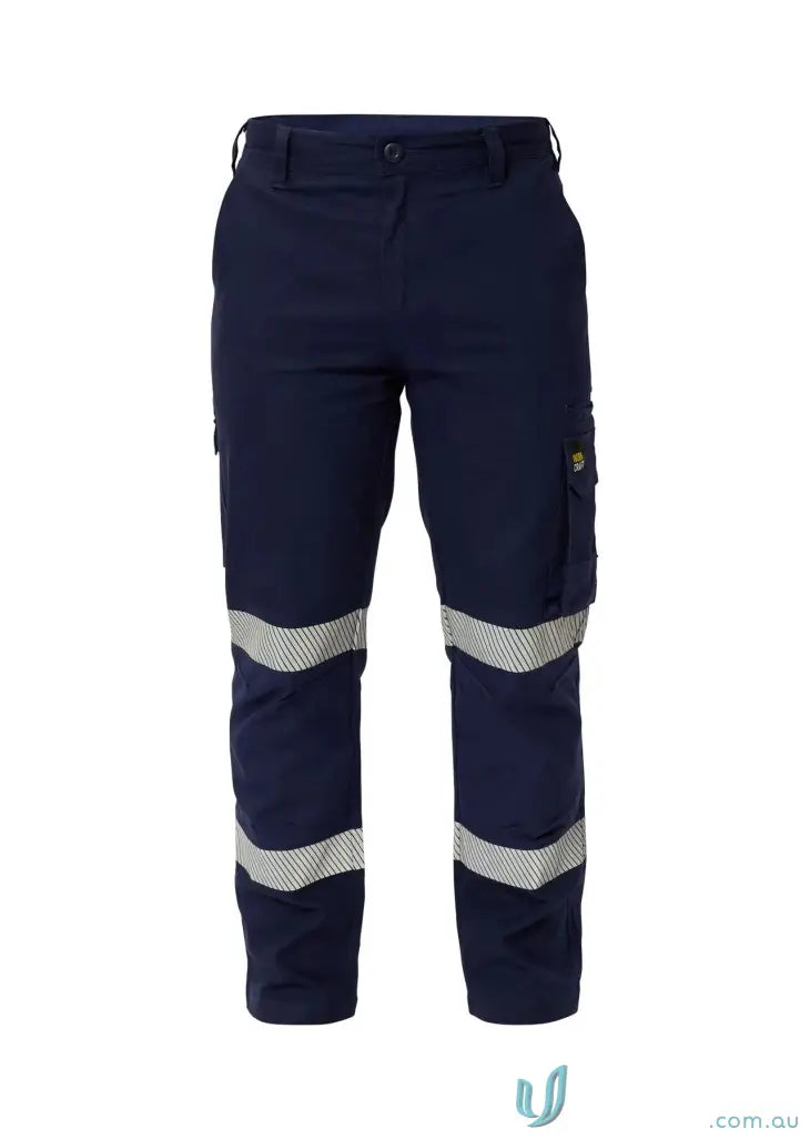 Navy blue stretch cargo pants with segmented reflective tape and cargo pockets
