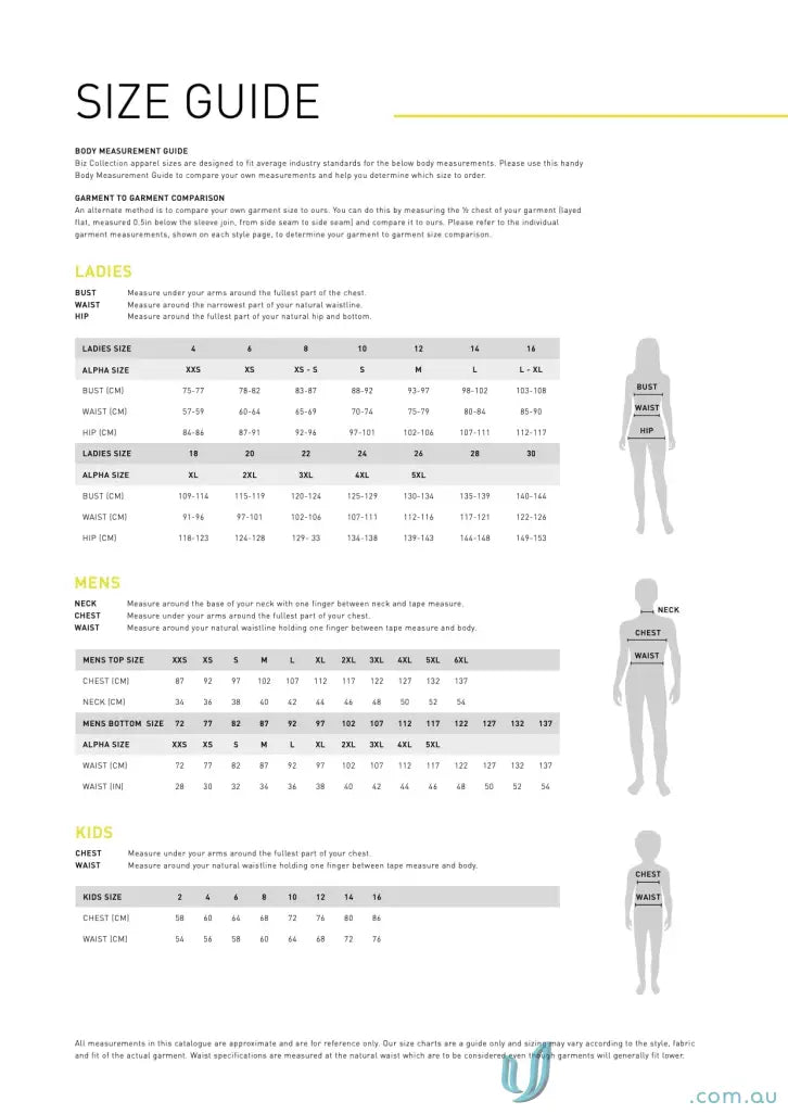 Size guide chart for Stretch Chino Skirt, perfect for work uniforms and workwear
