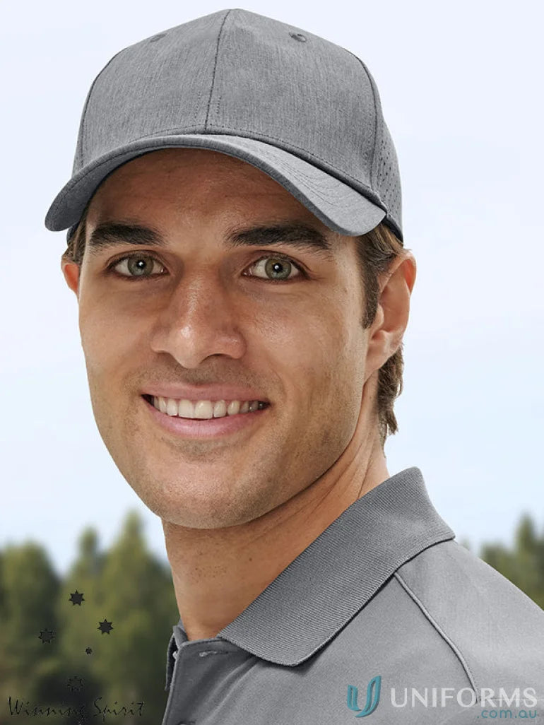 Gray Stretch Laser Cut Runner’s Cap ch88 showing the winning spirit stretch