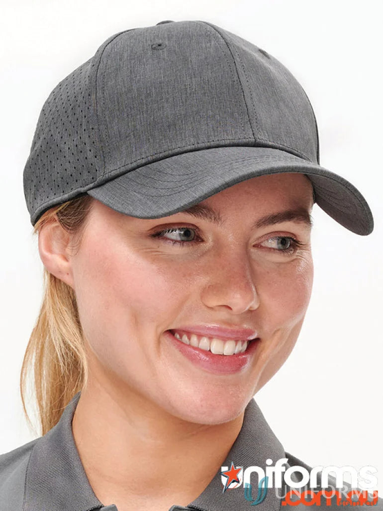 Gray Stretch Laser Cut Runner’s Cap with ventilation holes, perfect for the winning spirit stretch