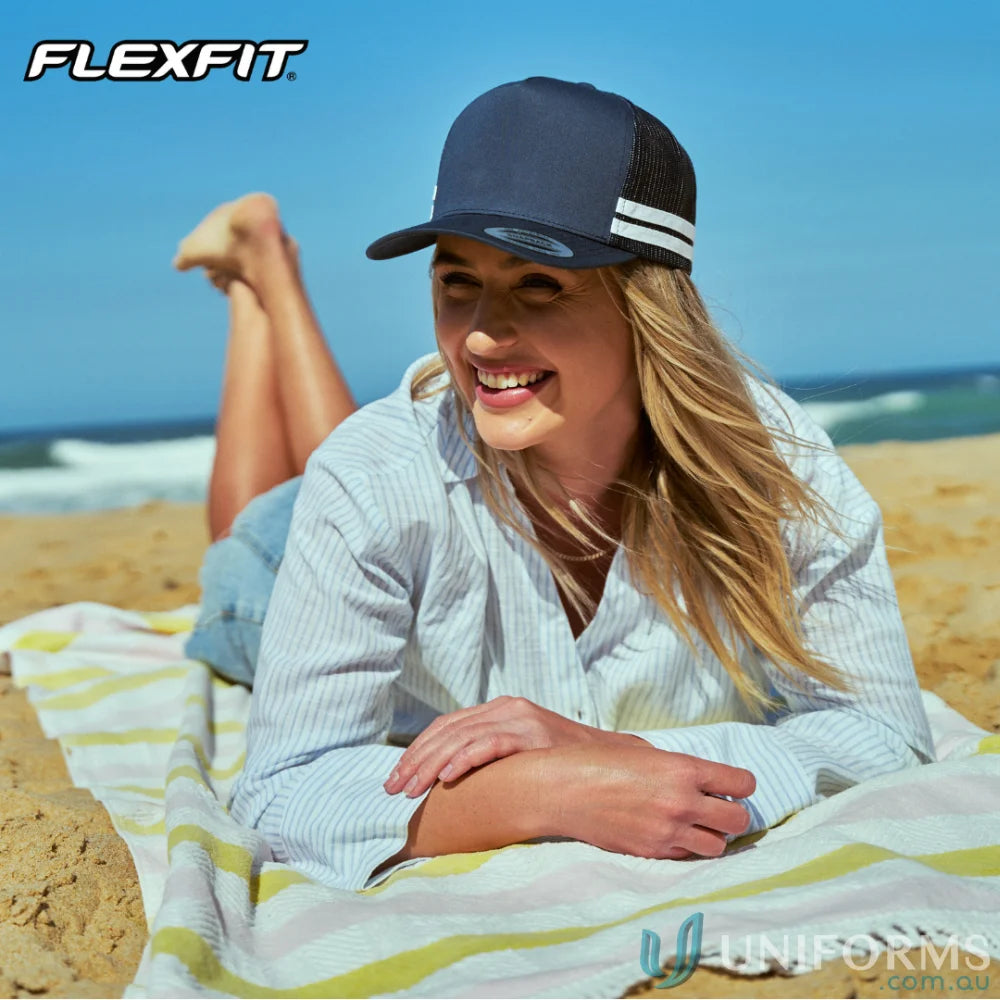 Navy blue black Stripe Trucker Cap with white brim stripes for workwear uniforms