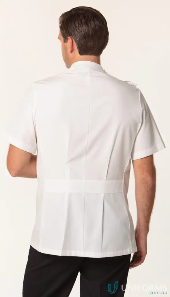 Men’s short sleeve dental pharmacy jacket with a standing collar and pleated back